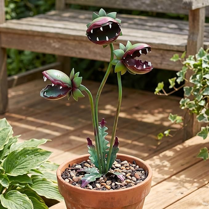 Metal Outdoor Plants - Venus Flytrap Garden Stakes Decorative, 25 Inch Carnivorous Metal Flowers Yard Art Garden Decorations for Outdoor Lawn Porch Pathway