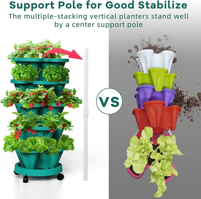 Strawberry Vertical Planters Tower Garden 3 Pack, 7 Tiered Stacking Herb Vegetable Planter with Support Pole Indoor and Outdoor - Hunter Green