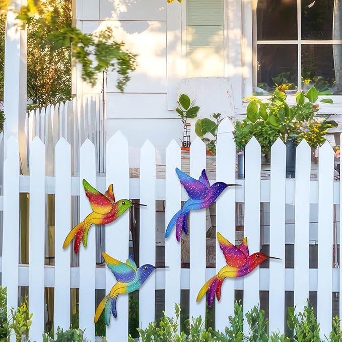 Metal Hummingbird Wall Decor - 4 Pcs Outdoor Fence Birds Art Decoration Hanging Decorations for Garden Yard Patio Balcony Exterior