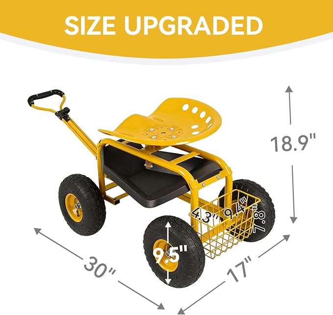 Rolling Garden Cart - Outdoor Workseat with Wheels, Heavy Duty Garden Tool Cart with Storage Bracket and Tool Tray for Yard, Planting Gardening Work (Yellow)