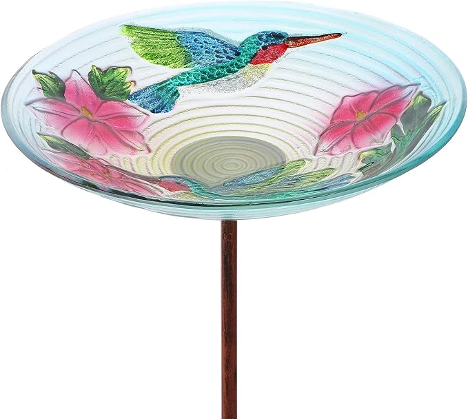 MUMTOP Glass Bird Bath, Garden Outdoor Birdbaths Birdfeeder with Metal Stake, Multi