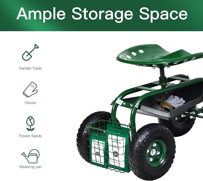 IRONMAX Garden Cart with Seat, Gardening Rolling Stool Scooter with 10’’ All-Terrain Wheels, Convenient Pull Handle & Tool Tray and Basket for Outdoor Planting (Green)