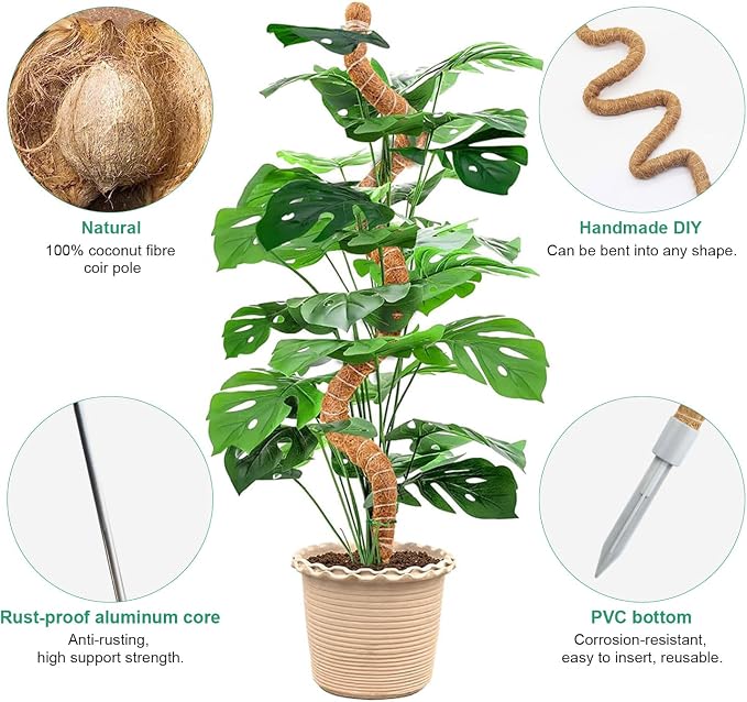 Moss Pole 28 Inch, 4 Pack Monstera Plant Support, Bendable Coco Coir Pole - Plant Stakes for Indoor Plants, Moss Poles for Climbing Plants, with Gardening Accessories (Plant Ties etc)