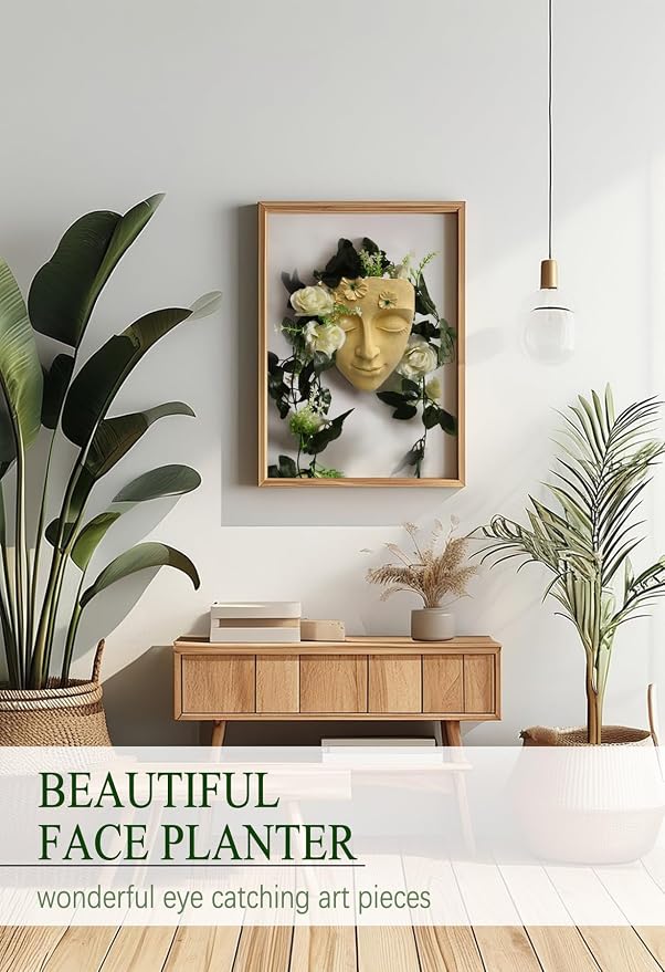 Face Shape Wall Planter Elegant Yellow Resin Wall-Mounted Head Pot with Drainage Hole Unique Small Vase Holder for Flower,Succulents, Hanging Plants for Plant Lovers