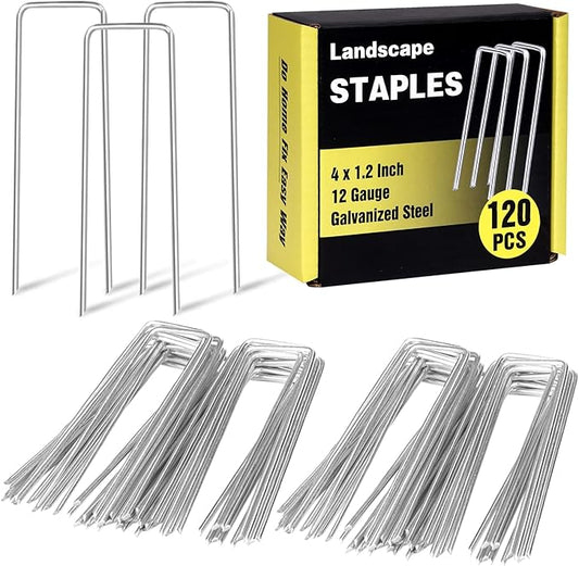 120 Pack 4 Inch Landscape Garden Staples, Garden Stakes Galvanized 12 Gauge SOD Ground Stakes Landscaping Fabric Pins Yard Staples for Lawn Turf Hose Irrigation Tubing