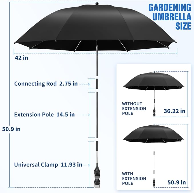 Garden Kneeler Umbrella,42” Large Chair Umbrella with Universal Clamp, 360°Swivel and UPF 50+ Protection,Folding Clip on Umbrellas for Garden Seat Bench Beach Chairs Strollers Golf Carts, NO KNEELER