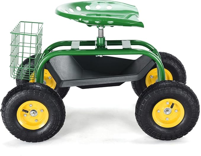 Giantex Rolling Garden Work Seat, 360 Swivel Gardening Workseat with Wheels, Tool Basket, Adjustable Height, Outdoor Scooter for Sitting, Gardening Stool Chair for Planting Trimming, Green