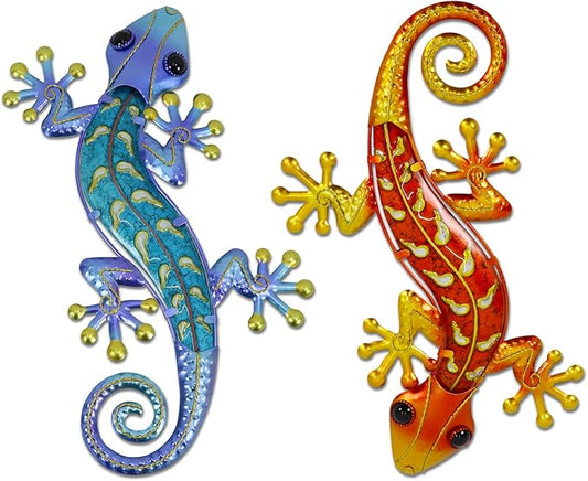 HONGLAND Metal Gecko Wall Art- 15 Inch Lizard Outdoor Decor Hanging Glass Sculpture, 2 Pack Gecko Wall Art Decorations for Garden Fence Home