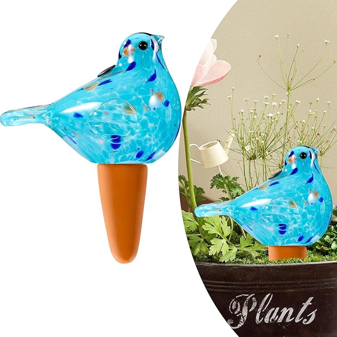 Plant Watering Globes, Bird Glass Self Watering Planter Insert - For Indoor & Outdoor Plants - Glass Plant Water Globes For Daily Use, Planter Spikes To Support Indoor & Outdoor Plant Health, Sky Bule