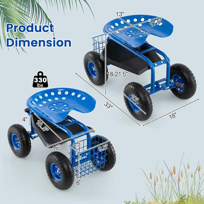 IRONMAX Garden Cart with Seat, Gardening Rolling Stool Scooter with 10’’ All-Terrain Wheels, Convenient Pull Handle & Tool Tray and Basket for Outdoor Planting (Blue)