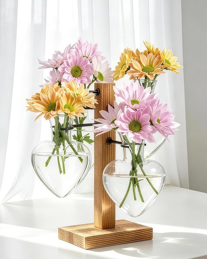 Plant Propagation Stations with Wood Stand, Plant Terrarium for Home Office Garden Decor, Gardening Gifts for Plant Lovers, 4 Glass Propagation Vases (Love Shape)