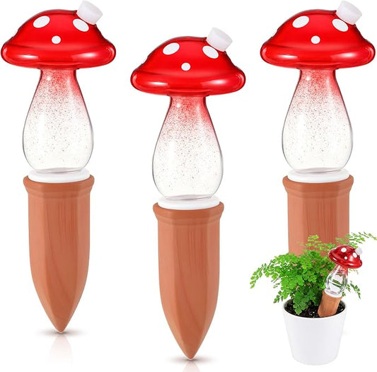 Teenyyou 3 Set Glass Self Watering Globes with Terracotta Self Watering Spike 12 oz Large Glass Waterer Bulbs Automatic Water Planter Insert Plant Water Device for Indoor Outdoor Plant(Red,Mushroom)