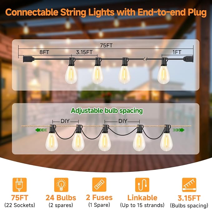 Larkvue 75FT LED Outdoor String Lights S11 Dimmable Patio Light, with 22+2 Waterproof Shatterproof Edison 2700K Bulbs for Outside Backyard Deck, Black