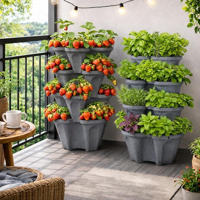 Vertical Garden Planter Stackable Tiered System 4 Plants per Pot, Space Saving Herb, Strawberry & Food Crop Planter with Center Support Hole for Indoor Outdoor Gardening (36, Slate Gray, Small)