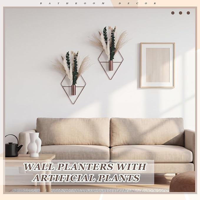 Canlierr 4 Pcs Bronze Wall Decor Hanging Planters with Artificial Plants Eucalyptus Pampas Grass Metal Hanging Vase Indoor Plants Holder Modern Boho Wall Art for Bathroom Bedroom Living Room Decor