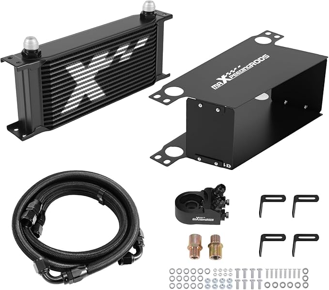 maXpeedingrods 16 Row Engine Oil Cooler Kit, 10AN Transmission Engine Cooler British Radiator Universal Aluminium Black, Thermostatic Oil Filter Sandwich Adapter, Air Guide Kit and Oil Cooler Hoses