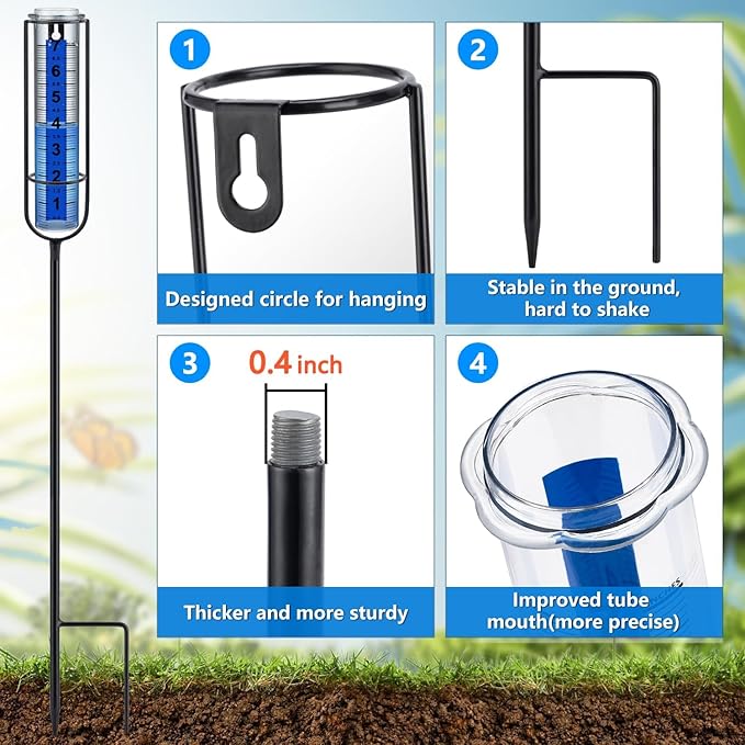 Rain Gauge Outdoor, Upgrade 7" Freeze-Proof Accurate Rain Gauge with Stake, Adjustable Height & Large Clear Numbers, Decorative Rain Measuring Tool for Garden, Lawn, Patio, Yard