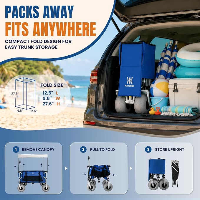 Navatiee Beach Wagon with Big Balloon Wheels for Sand, 200L Extra Large Beach Cart with Canopy, 440Lbs Heavy Duty Folding Wagon Collapsible with 9" Tires & Side Pocket for Beach, Outdoor, Blue