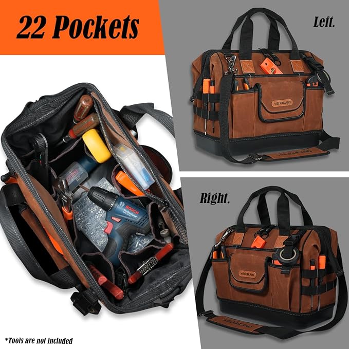 WELKINLAND 22-Pockets Hard Bottom Tool Bag, 14-Inch Waxed Canvas Tools Bag, 25L Heavy Duty Electrician Bags, HVAC Service Bags, Mechanic, Technician Tool Bag