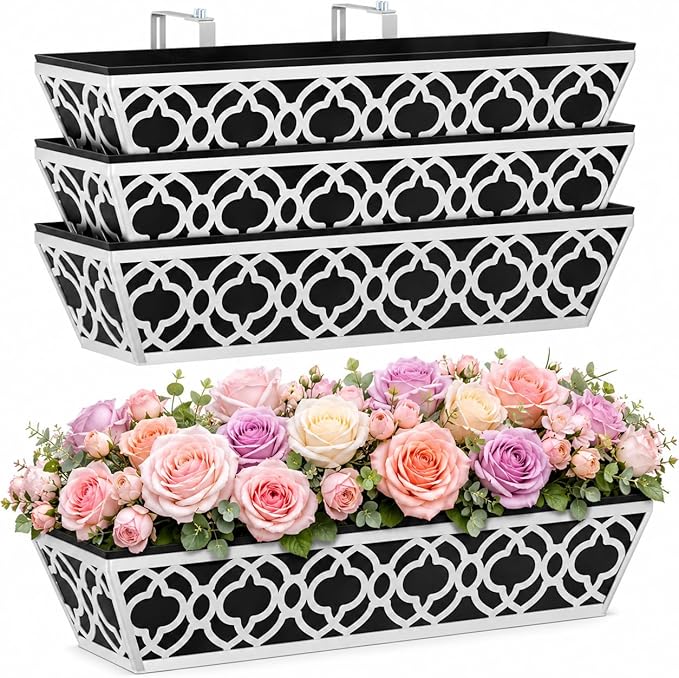 4 Pack 24 Inch Railing Planter Boxes with Adjustable Brackets & Non-Woven Liner, Deck Window Hanging Flower Box for Balcony, Fence, Patio, Outdoor Garden, Gray
