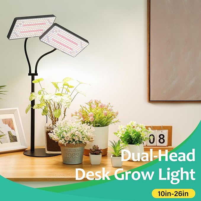 LBW Upgraded Desk Grow Lights for Indoor Plants, Dual-Head 428 LED Tabletop Full Spectrum Grow Light, with 3/6/12H Timer, 6 Brightness Levels, 3 Lighting Modes, Height Adjustable for 10-26 inches