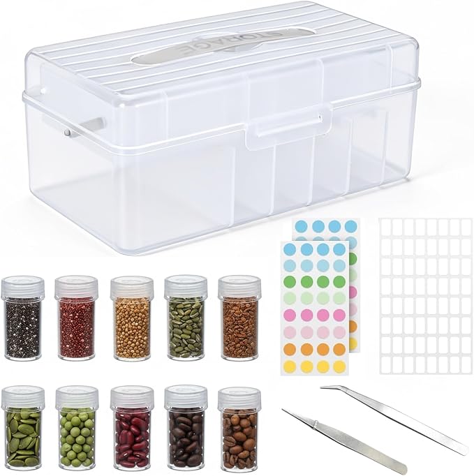32 Slots Seed Storage Box Organizer with Label Sticker and 2 Tweezers,Portable Garden Seed Saving kit, Packet Organizer for Plant, Flower,Vegetable Seeds