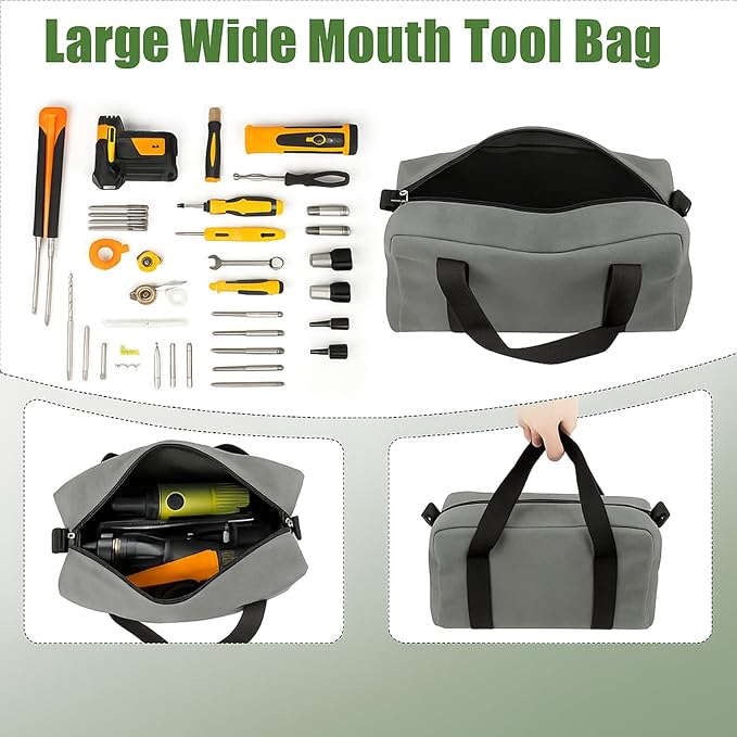 Small Tool Bag,Close Top Wide Mouth Tool Organizer Bag,Large Capacity Tool Bags for Men,Canvas Tool Storage Bag for Storage Handbag for Screwdrivers,Wrench,Pliers Hand Tools (Gray, 12 Inch)
