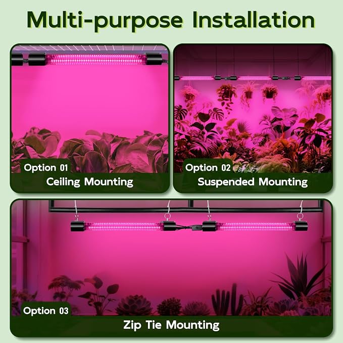 Hlite 16inch 4 Pack LED Grow Lights - Linkable Grow Lights for Indoor Plants, Full Spectrum Plant Lights Plug and Hanging Design with On/Off Switch Hanging Grow Light from Seedling to Flowering, Pink