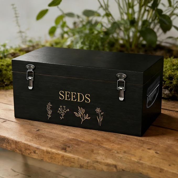 Bamboo Seed Storage Organizer, Large Garden Seed Organizer with Lid & Safety Lock & Handles, Seed Box Includes Seed Envelopes and Labels etc, Great Gifts Gardening Kit (Black)