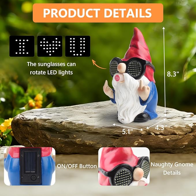 Gnome Statue with Solar LED Glasses, 8.3 in Funny Garden Gnome Statue for Outdoor Decor, Naughty Gnomes Ornaments for Home, Yard, Lawn, Patio and Balcony Decoration