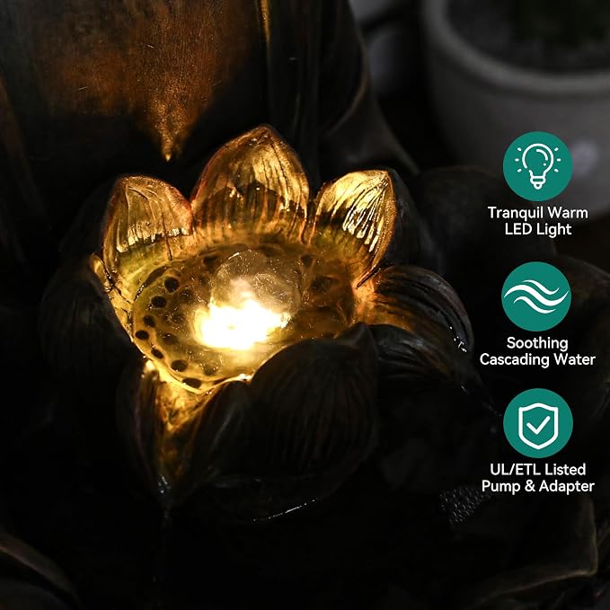 29" Outdoor Fountain, Zen Meditating Buddha Water Feature with LED Lights, Resin Lotus Soothing Cascading Waterfall for Patio, Backyard, Garden or Porch