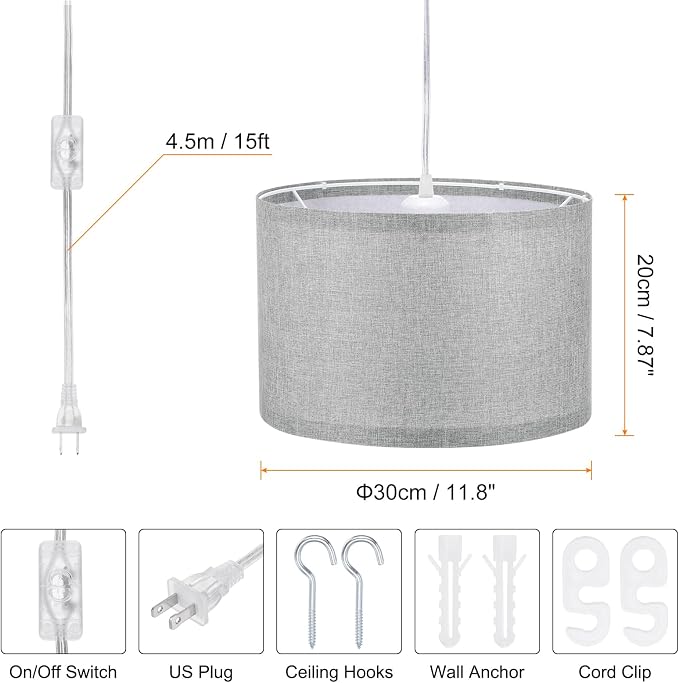 PATIKIL Plug in Pendant Light, 15Ft Rope Cord Hanging Lamp Fixture with ON/Off Switch, Fabric Shade E26/E27 Bulb Socket for Bedroom Kitchen Living Room, Dark Gray