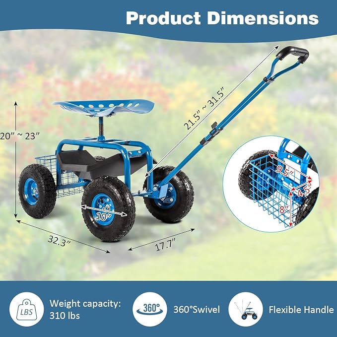 kinbor Garden Cart Rolling Work Seat with Tool Tray Outdoor Utility Lawn Patio Yard Wagon Scooter for Planting with Adjustable Handle 360 Degree Swivel Seat, Blue
