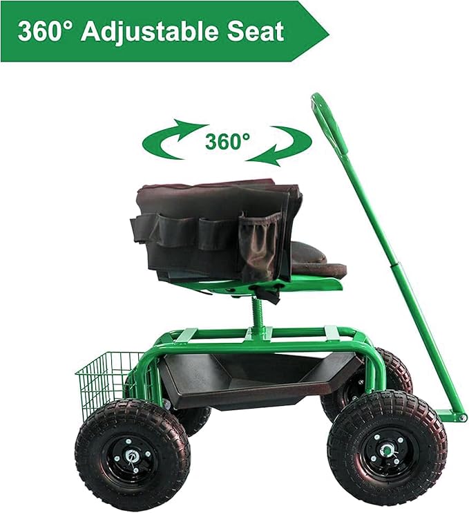 THUNDERBAY Garden Cart Rolling Workseat with Wheels, 360 Degree Swivel Seat, Wagon Scooter with Steering Handle & Utility Tool Tray for Planting, with Storage Basket and Tool Pouch, Green