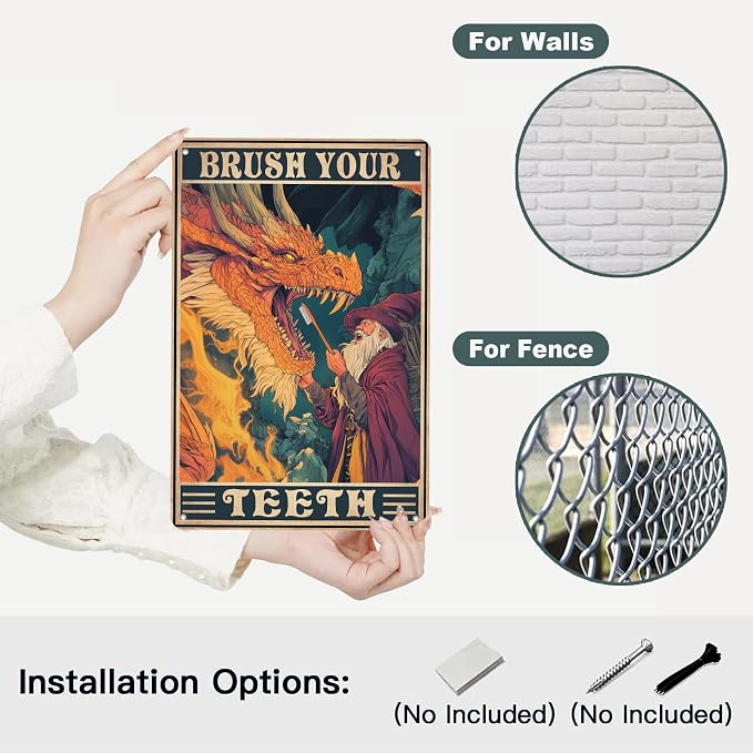 Metal Dragon Tin Signs Brush Your Teeth Retro Vintage Sign Funny Bathroom Wall Decor for Toilet for Bathroom Door Restroom 8x12Inch