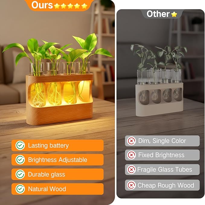 OUTON Rechargeable Plant Propagation Station with LED Light, Wooden Propagation Vase Set with Glass Tubes, Lighted Plant Terrarium for Indoor Plant Cuttings, Gift for Plant Lovers