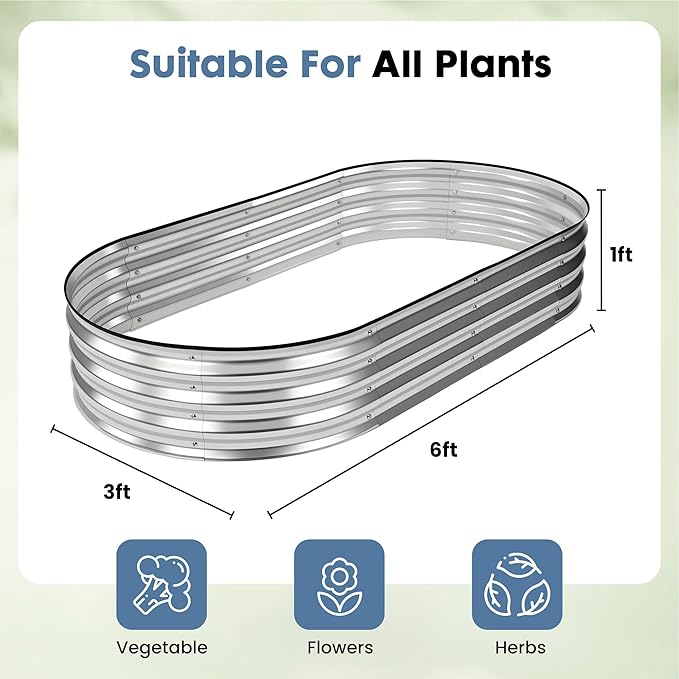 DUMOS Galvanized Raised Garden Bed, 6x3x1ft Outdoor Metal Planter Box, Heavy-Duty Planter Raised Bed for Vegetables Herbs Flowers, Oval Rustproof Flower Beds for Backyard Patio, Open Bottom