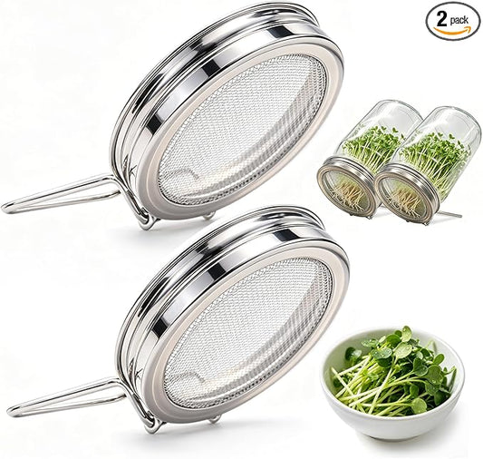 2 Pack DnerLery Sprouting Lids for Wide Mouth Mason Jars, Stainless Steel Fine Mesh Lids Only, Fit Mason Jars for Broccoli, Alfalfa, Mung Bean & Microgreens, No Jars, Germination Kits