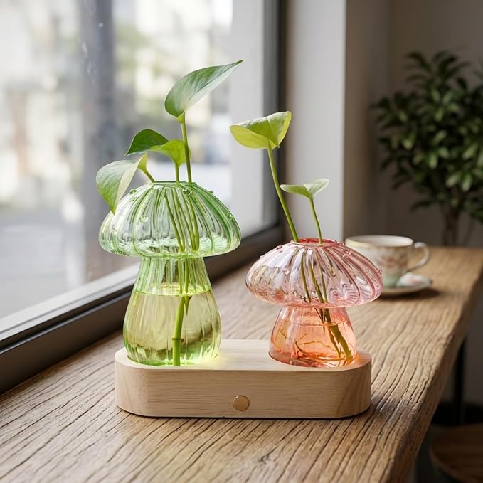 Plant Propagation Station with Light,Mushroom Glass Vases with Stepless Dimming Function for Home Office Decor,Hydroponic Glass Jars Gardening Gifts for Mom Women Plant Lovers