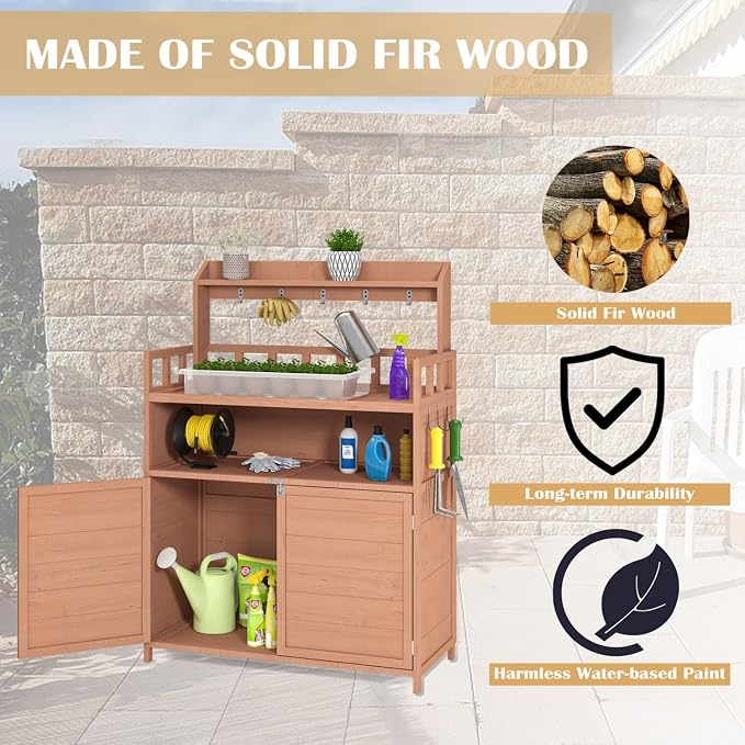 Outdoor Potting Bench with Storage,Wood Gardening Table for Planting,Outside Patio Garden Work Tables with Large Storage Cabinet & Top Shelf