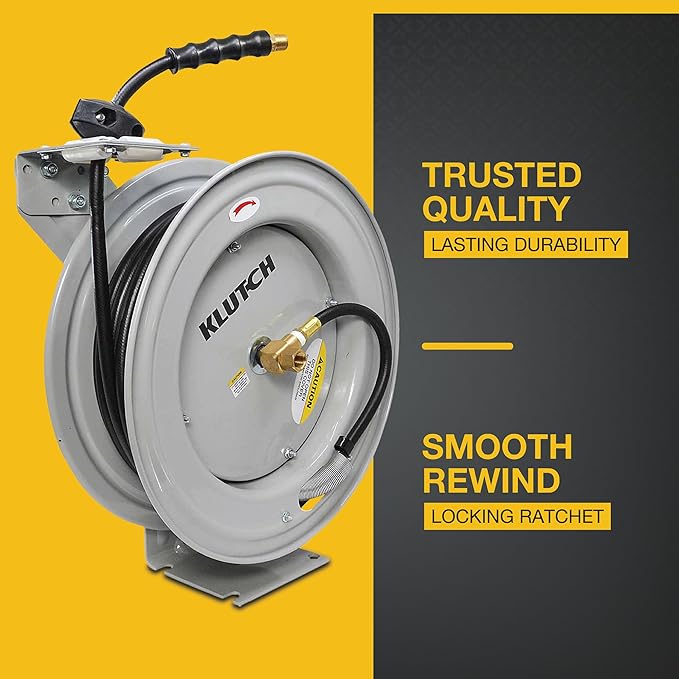 Klutch Auto-Rewind Air Hose Reel, with 3/8in. x 75ft. Rubber Hose, 300 PSI, Model# TLEXR3875-NT