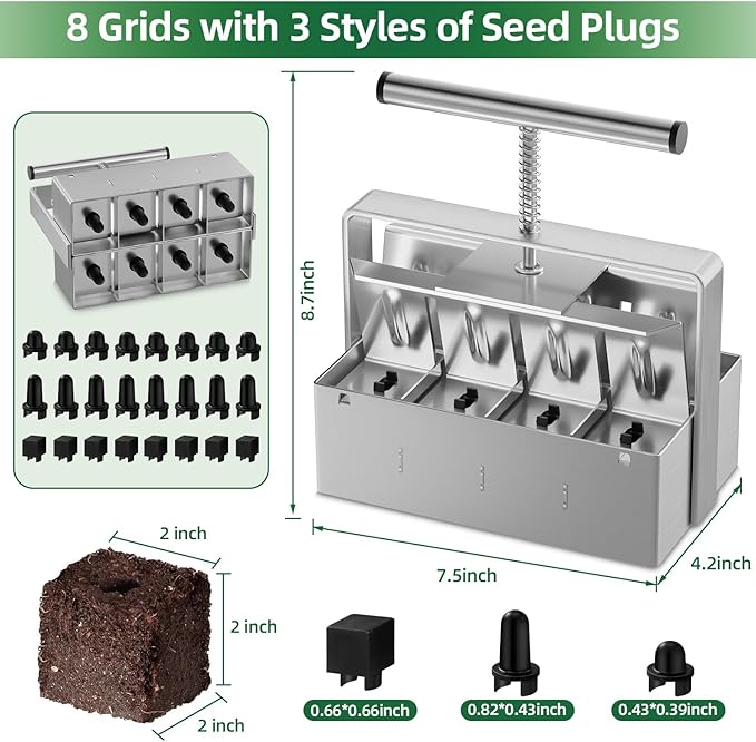 zukakii Soil Blocker 2 Inch 8 Cell Upgraded Soil Block Maker Heavy Duty with Comfortable Handle and 3 Sizes Seed Pins Handheld Soil Blocking Tool for Seed Starting transplanting Germination