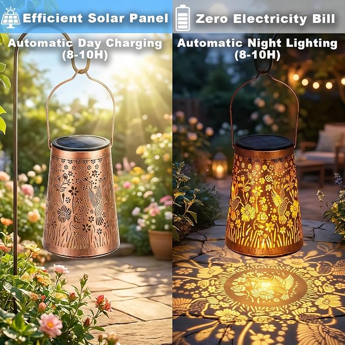LeiDrail Hummingbird Solar Lanterns Outdoor, 4 Pack Metal Hanging Garden Lights, Waterproof Vintage Copper Decorative Lantern Set for Yard Patio Porch, Gifts for Women Mom Grandma