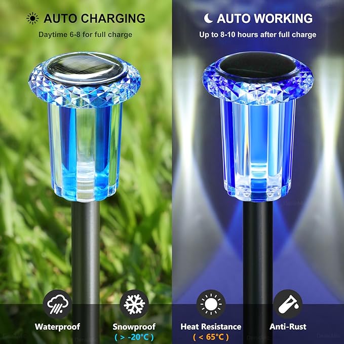 DenicMic Solar Lights Outdoor 10 Pack Waterproof Color LED Stainless Steel Stake Outside Lights for Yard Pathway Garden Landscape Path Lighting Christmas Decorations