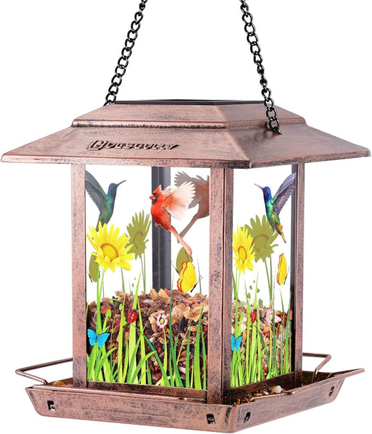 DesGully Solar Bird Feeders for Outdoors - 2.5 LBs Metal Wild Large & Small Bird Feeder for Outside Hanging, Gift Ideas for Avian Enthusiast Garden Yard Seeds (Chew-Proof, Weather Resistance)