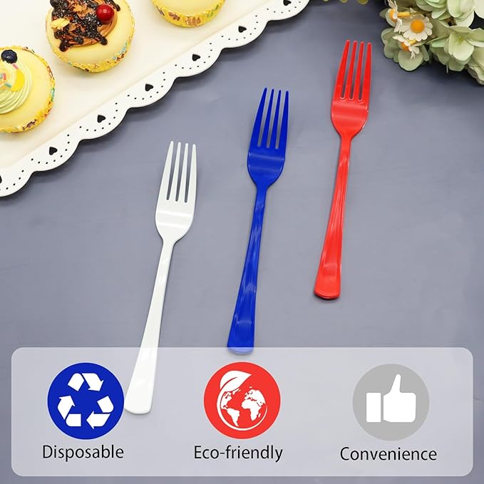 60 Pcs Red White and Blue Plastic Forks, 4th of july Plastic Forks, Heavy Duty Disposable Plastic Cutlery Set for Memorial Day, Election Day, 4th of July Independence Day, Veterans Day Decorations
