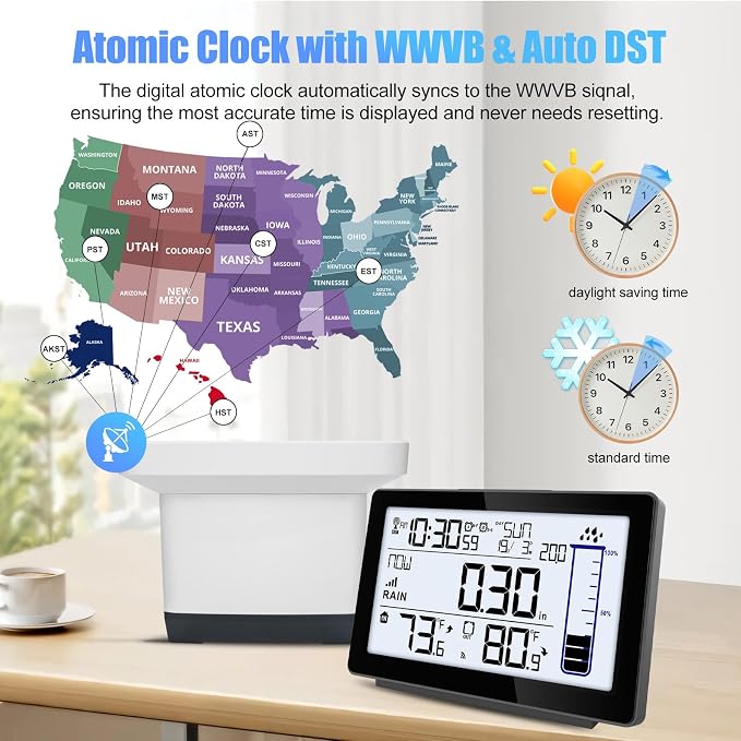 Digital Rain Gauge Outdoor with Thermometer, Self-Emptying Wireless Rain Gauges Outdoors Best Rated, Freeze Proof Automatic Rain Measure Gauge for Yard, High Precision Electronic Rain Collector