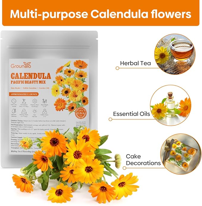 Groundio Calendula Seeds Pacific Beauty Mix, 3000+ Calendula Officinalis Seeds, Open Pollinated Non-GMO Wildflower Seed Grown in The USA, 1 Ounce