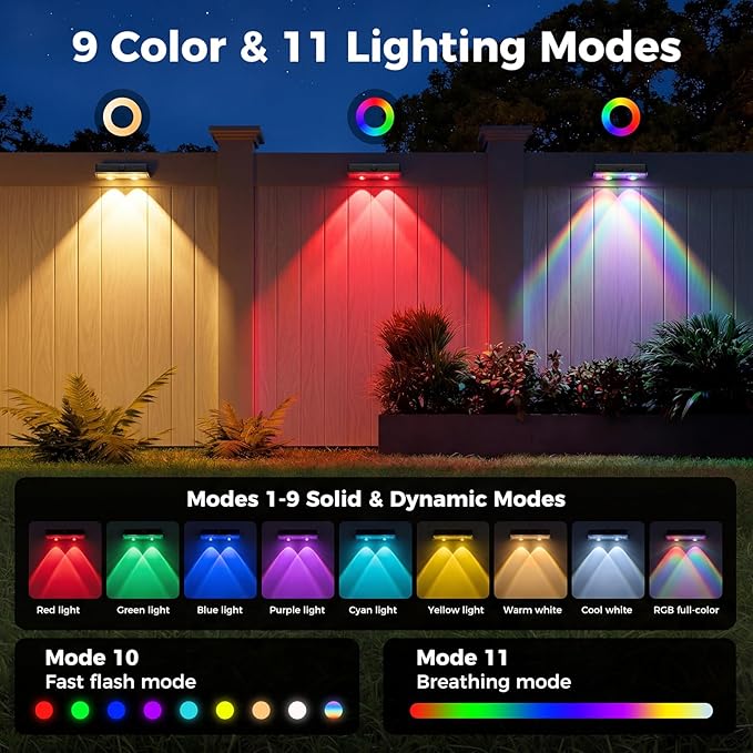 kolpop 8 Pack Solar Fence Lights Outdoor,11 Modes & 9 Colors Fence Lights Solar Powered,IP65 Waterproof, 60LM LED Solar Lights for Patio,Backyard,Outside,Railing,Wall,Nighttime,Party,Pool