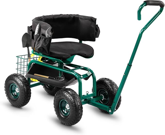 Outvita Garden Cart, Outdoor Rolling Garden Scooter W/Adjustable 360 Degree Swivel Seat, Extendable Handle, Tool Tray & Storage Basket, Gardening Stool for Planting(Green)